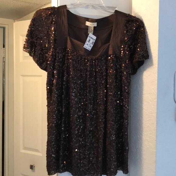 Saja Tops - ⭐️NEW LIST⭐️SAJA SEQUIN & 100% SILK BROWN Sz L TOP